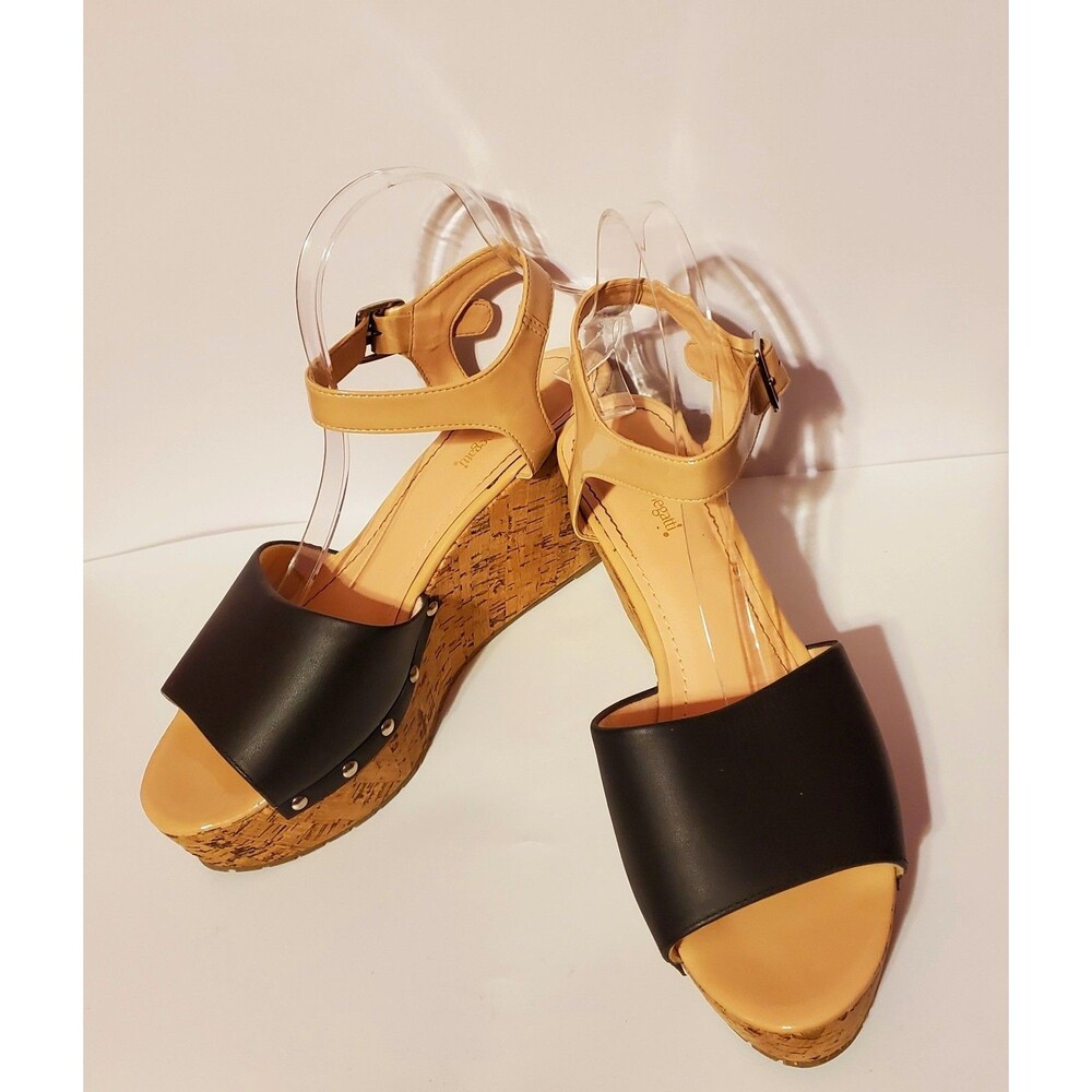 Bruno Menegatti Platform Cork Wedge Stud Sandals Black & Tan Size 10 Boho Retro